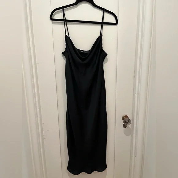 Zara Dresses Zara Black Satin Cowl Neck Midi Slip Dress Poshmark